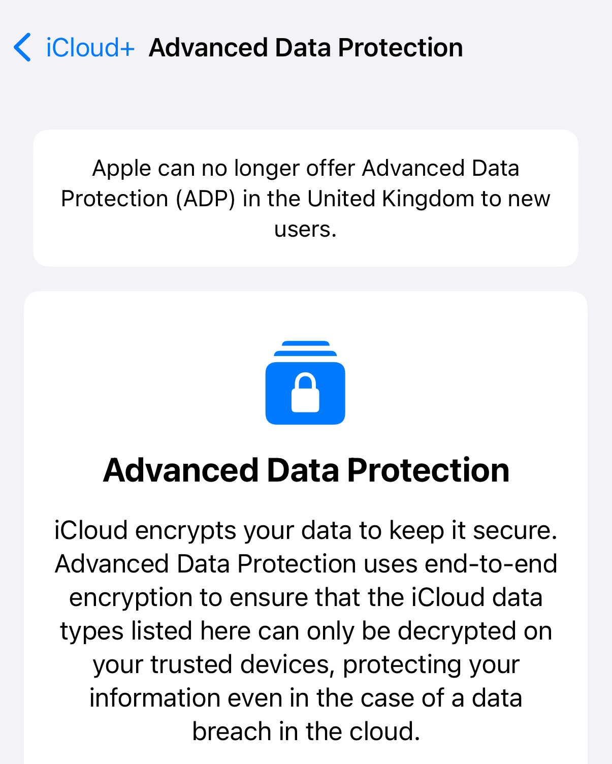 a screenshot showing Advanced Data Protection on an iPhone, reading 