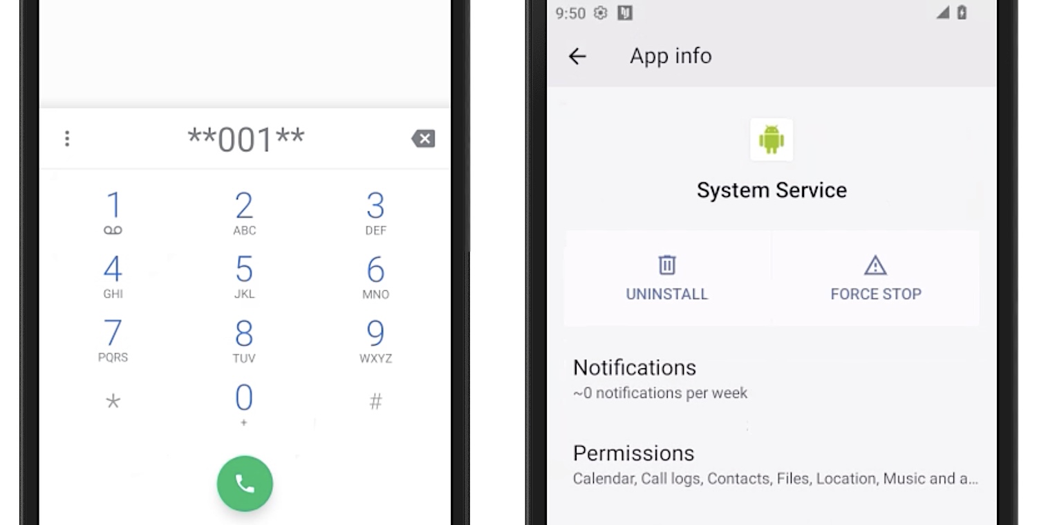 a pair of screenshots showing an Android phone keypad with **001** on the display, and on the right, the spyware app masquerading as a 