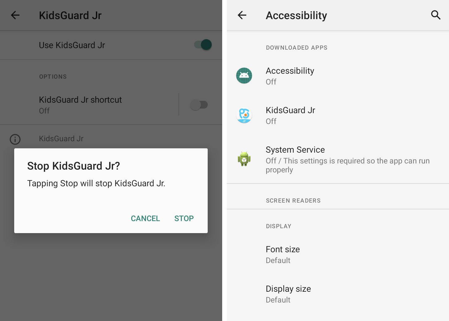 Two screenshots side-by-side showing an app called KidsGuard hijacking the accessibility feature in Android to snoop on unsuspecting users. The second screenshot shows three stalkerware apps — called Accessibility, KidsGuard, and System Service — all switched to 'off' so that they are no longer actively functioning.