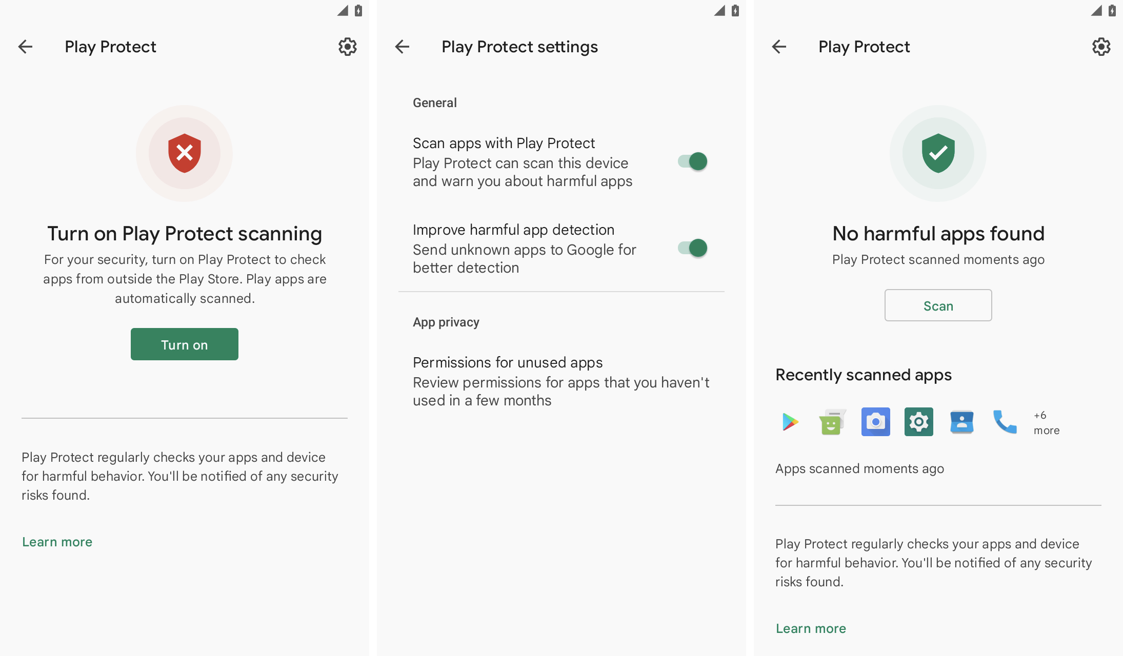 Three screenshots side-by-side showing Play Protect with scanning switched off, then the Protect Play Settings with all of the toggles switched on, and the third screenshot showing Google Play Protect enabled and showing 