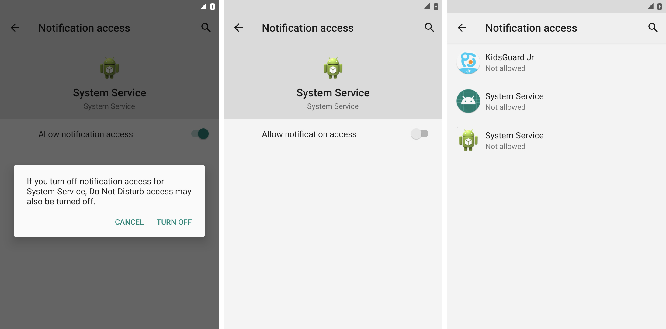 Three screenshots side-by-side, one showing how to switch off notification access in Android settings, followed by a screenshot of a stalkerware app called 