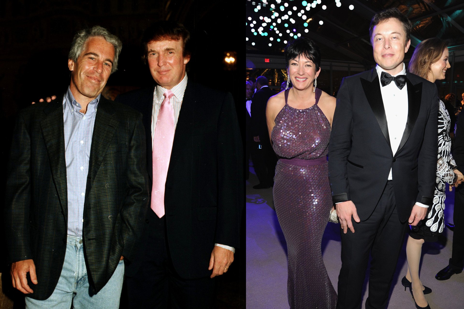 Jeffrey Epstein and Donald Trump at the Mar-a-Lago estate, Palm Beach, Florida, 1997 (left) and Ghislaine Maxwell and Elon Musk attend the 2014 Vanity Fair Oscar Party on March 2, 2014 in West Hollywood, California.