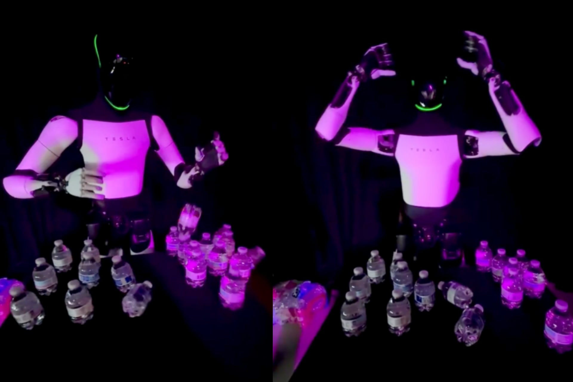 Screenshots from a viral video showing Tesla's Optimus robot falling over backwards on Dec. 6, 2025.