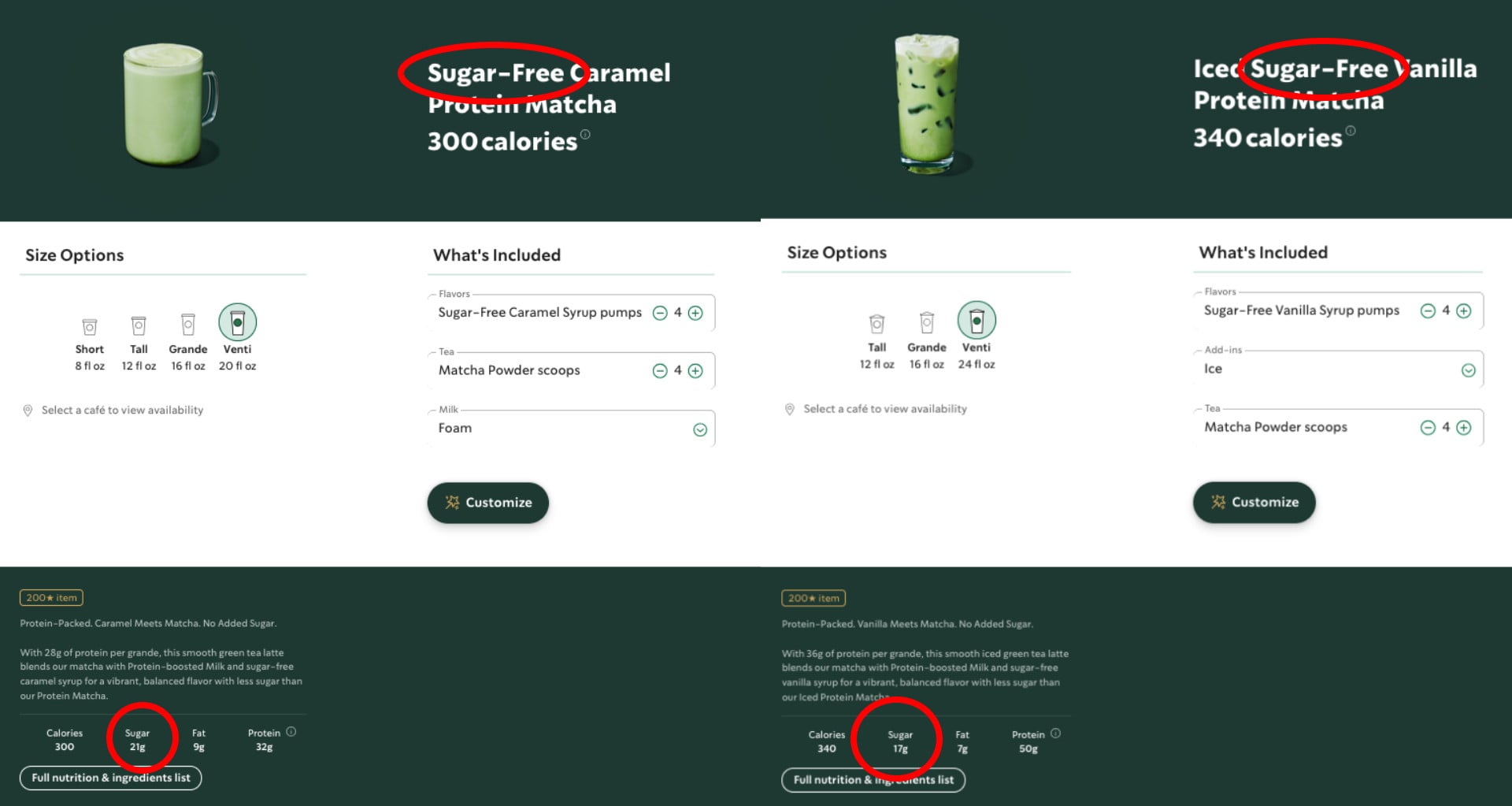 Screenshots showing Starbucks drinks listed as 